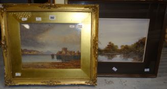 J A AITKEN watercolour of fort in river landscape, framed & glazed together with modern river
