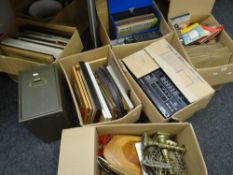 Six boxes of mixed items including metalware, books, vintage quilt ETC Condition Report: please