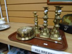 Tray of brassware to include three pairs of candlesticks & modern bulk head clock & whistle
