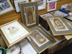 An IDRIS JONES watercolour of flowers & three EDWARD SHARLAND etchings of cathedrals Condition