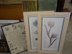 An oil on canvas of sailing ships at sunset, a pair of prints & another Condition Report: please