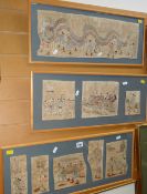 A collection of nine silk embroidery sections from a kimono framed in three frames & depicting a