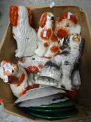 A parcel of red & white Staffordshire seated spaniels, a single black & white example, two Imari