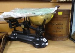 Libra Scale Company of England weighing scales & weights, embroidered table cloth & cylindrical