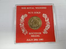 A Royal Wedding Souvenir medal July 29th 1980 9ct Gold