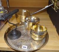 A nineteenth century goffering iron, a brass pan with long iron handle ETC Condition Report: