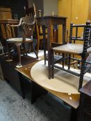 A rush seated bobbin-work corner chair, an inlaid rosewood wash stand, a pedestal table, marquetry