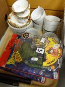 A pair of Royal Albert 'Old Country Roses' cups & saucers together with two modern figurine toys ETC