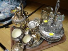 A parcel of EPNS including unusual six-bottle cruet set Condition Report: please request via