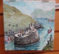 NICK HOLLY oil on canvas - figures on a harbour wall, entitled verso 'Boscastle Harbour, Cornwall'