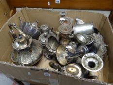 Box of assorted metalware, predominately silver plate to include tankards, trophy cups, spirit