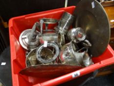 Box of metalware to include spirit kettle, tankard, dwarf candlesticks, jugs ETC
