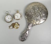 A gold plated pocket watch, a similar silver necklace watch & an Art Nouveau-style silver backed