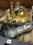 A parcel of brassware including straps of horse brasses, a brass Hughes Pocket Balance & other old