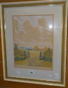 A framed coloured linocut by HALL THORPE entitled 'The Open Gate' Condition Report: please request