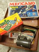 Vintage suitcase & contents including Meccano & vinyl singles ETC Condition Report: please request