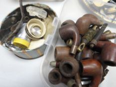 A parcel of vintage smoking pipes & pipe parts together with a tin of old watch parts ETC