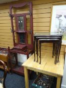 Nest of three coffee tables, modern square pine table & a vintage stained mirror back hall stand