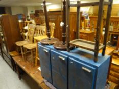A pair of vintage wooden kitchen chairs, a wooden stool, two wooden standard lamps ETC Condition