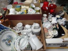Three boxes of assorted china & glass to include character jugs, bird ornaments, part dinner & tea