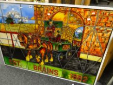 A modern Brains brewery stained glass panel featuring dray horses & cart Condition Report: please
