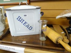 Enamel bread bin & cover, wooden tray, rolling pin, butter pats & mixer tube Condition Report: