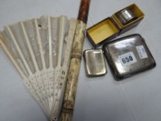 A silver cigarette case, a boxed silver napkin ring, an ivory bamboo effect carved opium pipe ETC