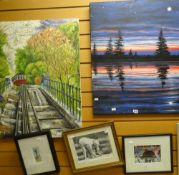 A framed limited edition etching by F WAITE, a framed oil on canvas of a railway worker entitled