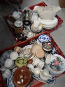 Two trays of assorted china to include assorted part-dinnerwares, planter, stoneware jar & cover ETC