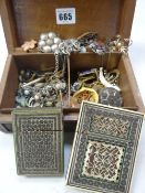 A Chinese carved hardwood cigarette box with jewellery contents, two Islamic mosaic decorated card