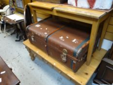 A duo vintage school desk, a pine Long John coffee table with drawers & a vintage cabin trunk