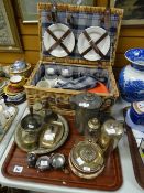 A parcel of metalware including pewter & EPNS together with a picnic hamper set Condition Report: