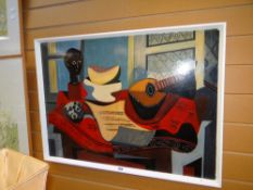 Framed oil on board, colourful surrealist-style still-life with guitar Condition Report: please