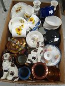 A pair of seated copper lustre Staffordshire dogs with separate legs & a quantity of copper lustre