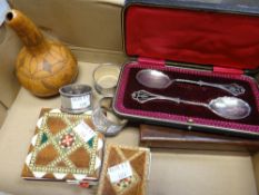A parcel of collectables including pair of cased silver spoons, marquetry items ETC Condition