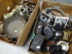 A parcel of photographic equipment, a vintage suitcase & a parcel of metalware ETC Condition Report: