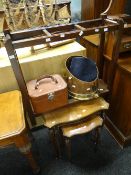 Nest of three reproduction tables, three section umbrella stand, copper & brass coal scuttle &