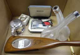 A silver rimmed glass oil duo-bottle, a silver mustard pot, an olive wood fan & mirror