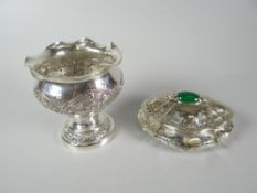 A continental silver lidded casket with green coloured adornment & silver pedestal bowl, 5.9oz gross