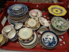 Tray of assorted china to include blue & white willow pattern cake dish, cups & saucers ETC