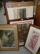Sundry framed pictures & unframed topographical etching entitled 'The South View of Carmarthen'