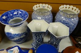 A pair of good flow-blue Fenton pottery baluster vases with pierce-work crowns, a pair of faceted
