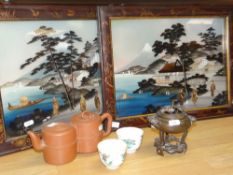 A small Chinese bronze censer with stand, a red-ware rice wine-pot, pair of Oriental plaques & two