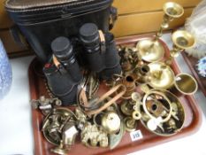A parcel of brassware & a cased set of vintage binoculars Condition Report: please request via