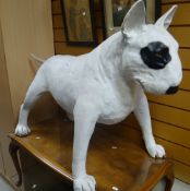 An oversized modern composition bull terrier model, in aggressive pose raised on all paws