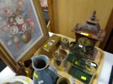 A brass inkwell, a Gothic mantel clock, a Rolls Royce glass paperweight ETC Condition Report: please