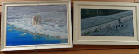 GRAHAM CLARKE oil on board - a solitary polar bear hunting for fish & another painting by the same