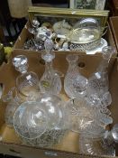 A box of glass decanters & a box of mixed pottery, EPNS, prints ETC Condition Report: please request