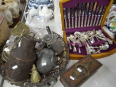A parcel of vintage metalware including Islamic-style bowl, canteen of Queens cutlery, old tin ETC
