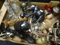 A box of mixed items including part condiment set & novelty wooden figures, flatware ETC Condition